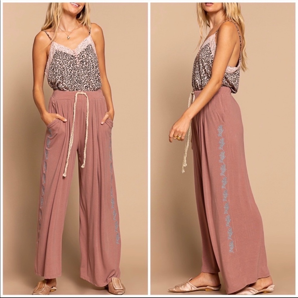 POL dusty rose floral leaf embroidered boho wide leg pants new soft lounge - Picture 4 of 7
